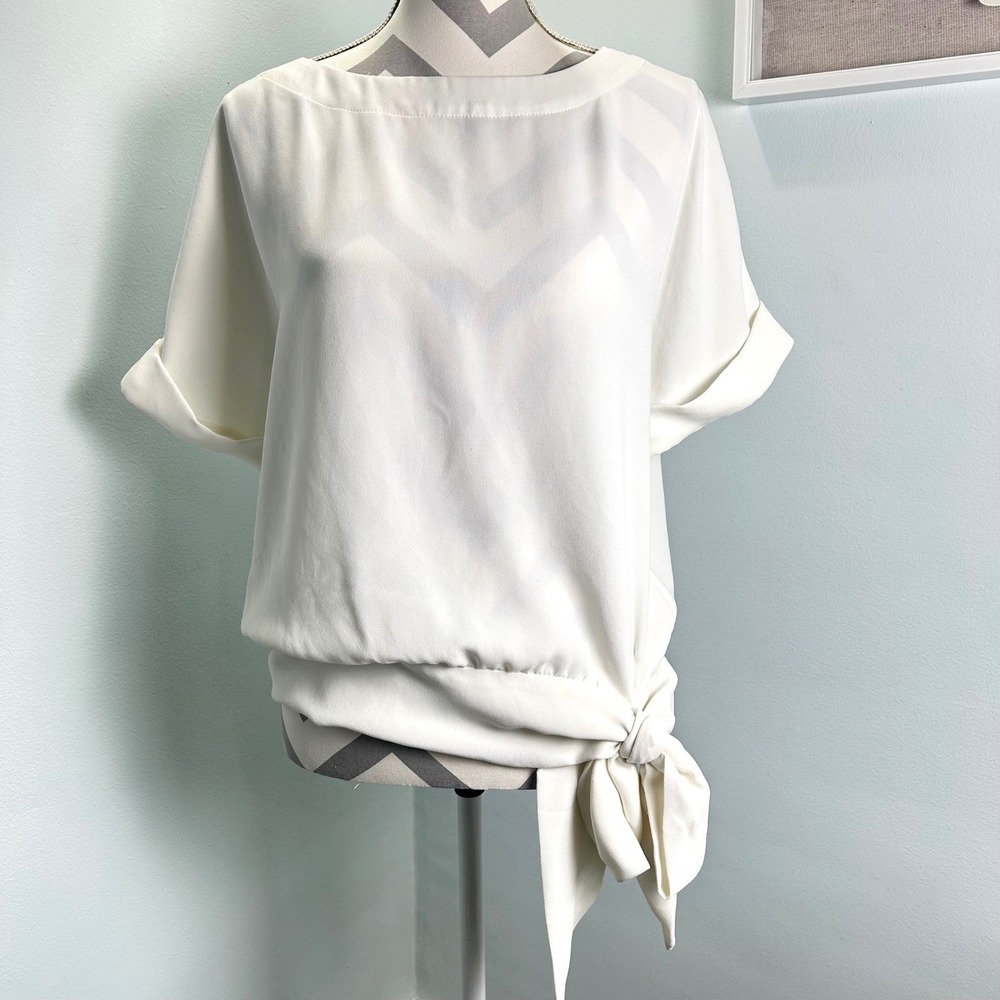 Trina Turk Ivory Tie Waist Blouse Top Dolman Sleeve Boat Neck - Medium